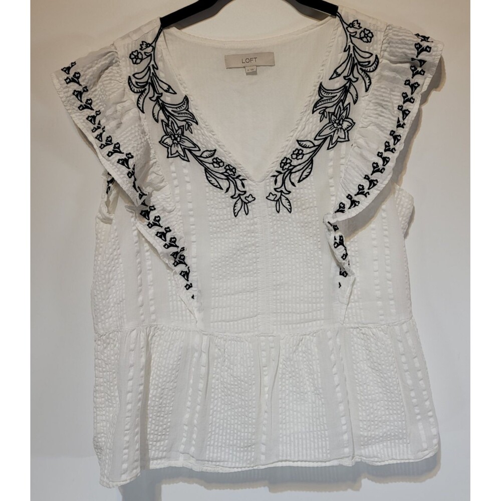 LOFT White Embroidered Ruffle Sleeve Peplum V Neck Cotton Blouse Size Medium